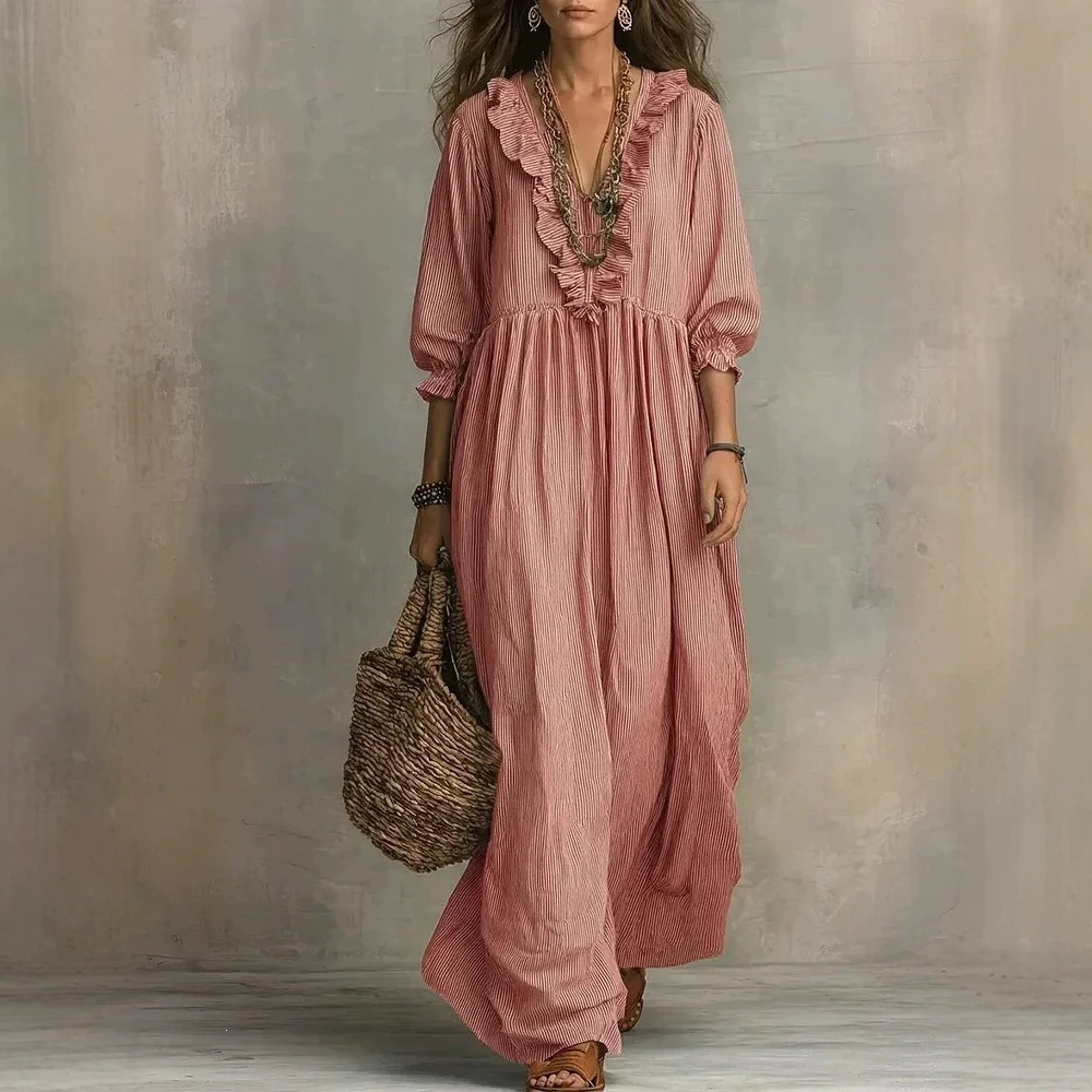 Striped Ruffle High-Waist V-Neck Loose Casual Dress
