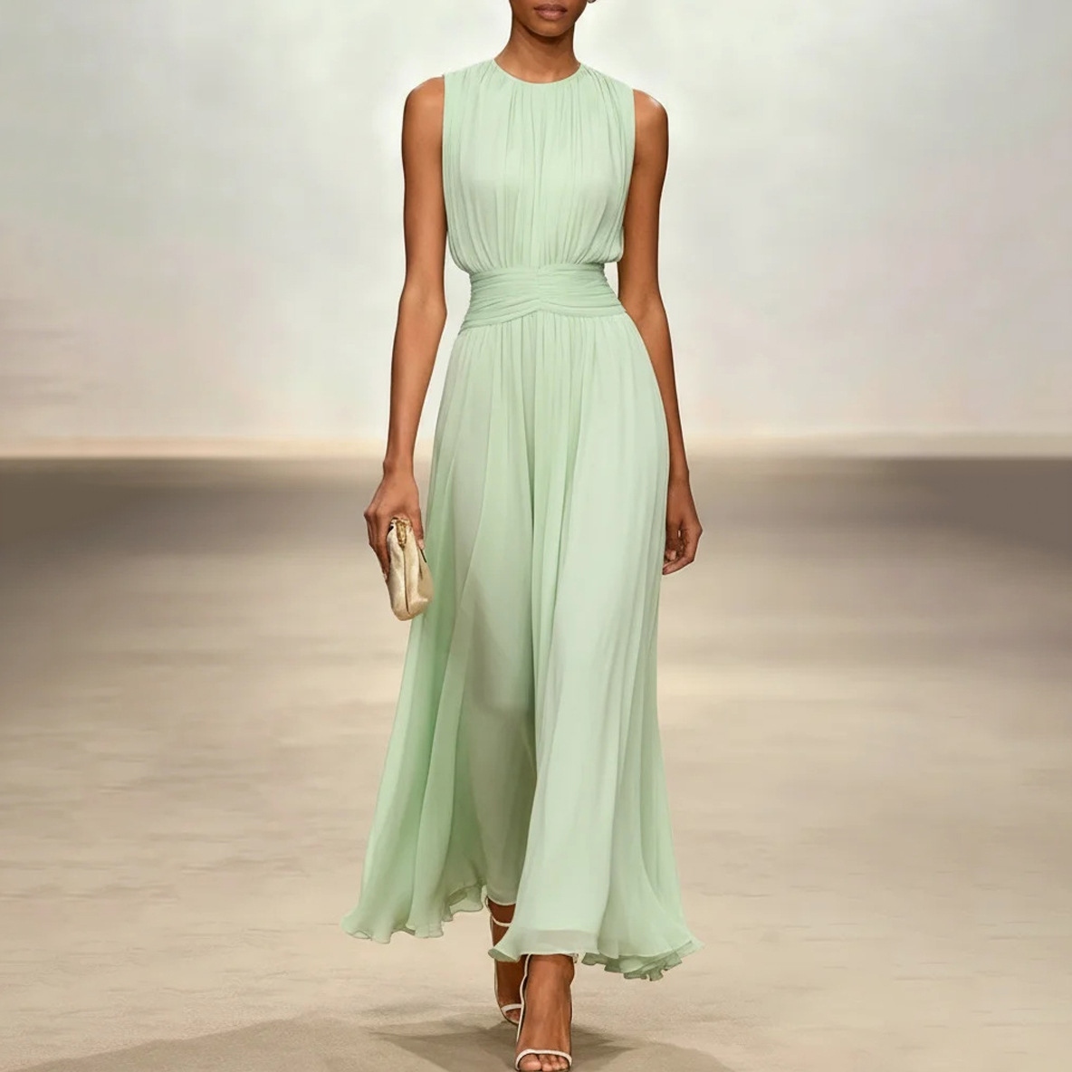 Sleeveless Solid Color Waist-Cinched A-Line Midi Dress with Round Neck