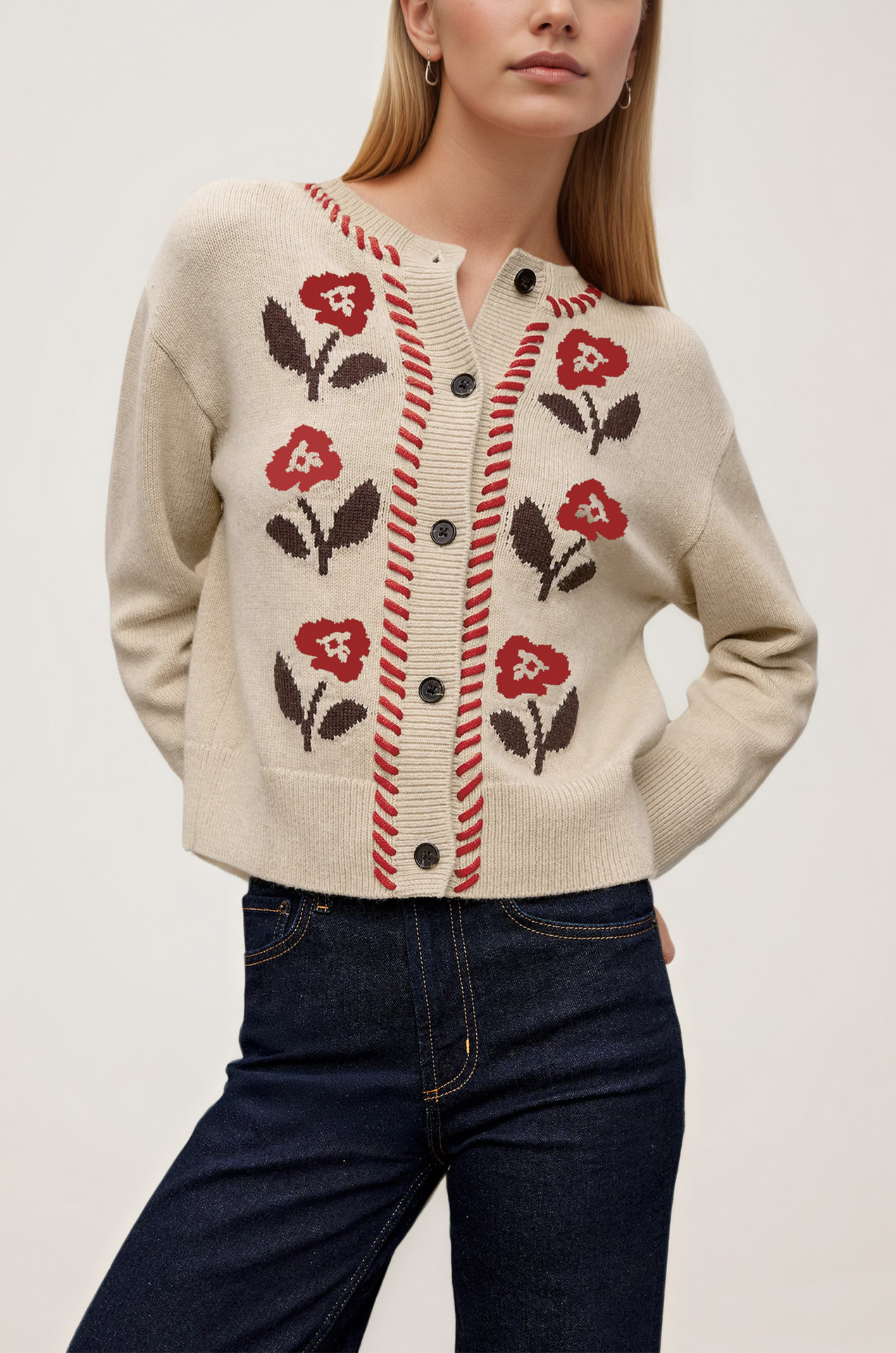 Retro Floral Knit Cardigan Women's Crewneck Button Long Sleeve Sweater