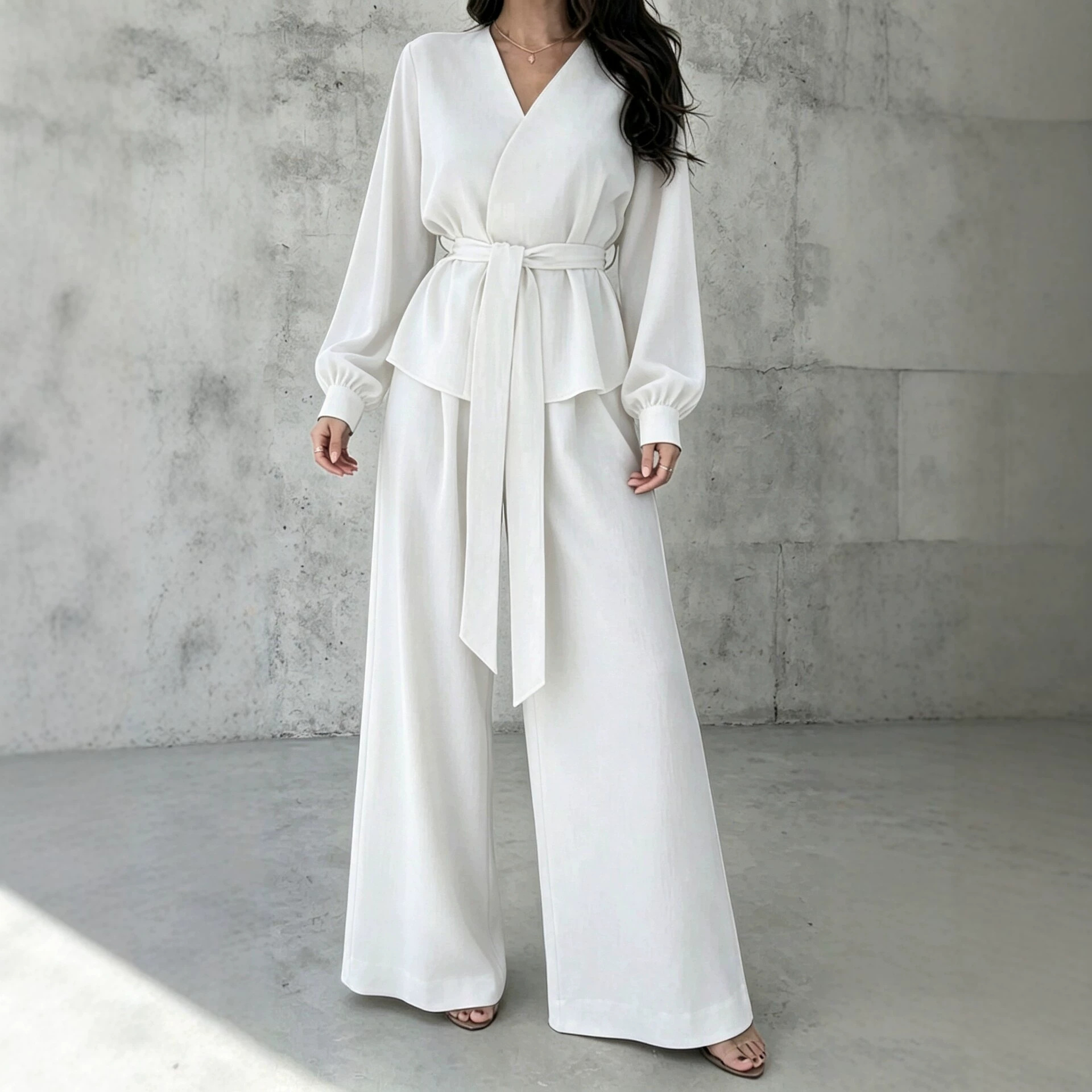 V-Neck Tie Long Sleeve Wide-Leg Pants Casual Two-Piece Set