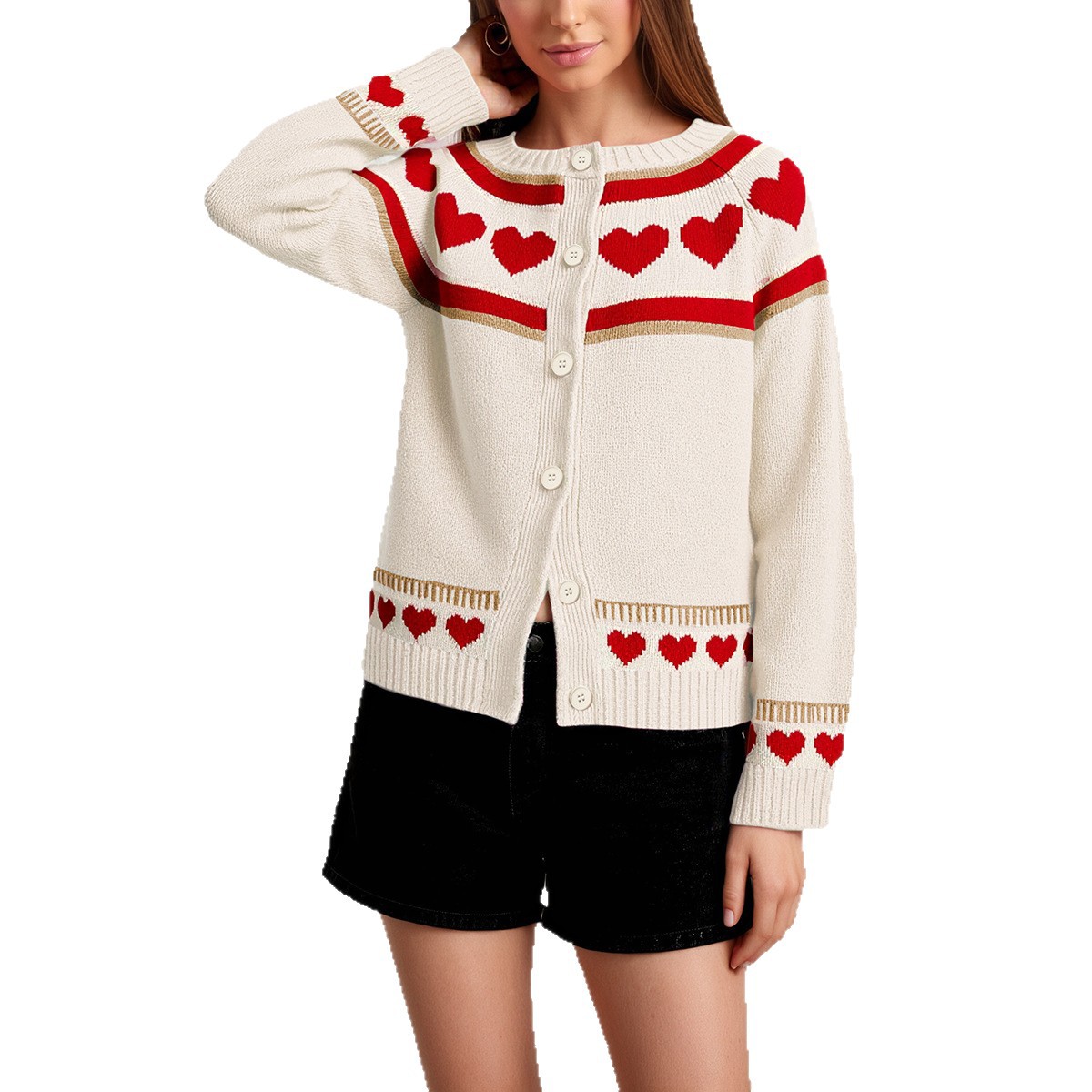 Retro Heart Pattern Knit Cardigan with Round Neck and Buttons, Loose Fit