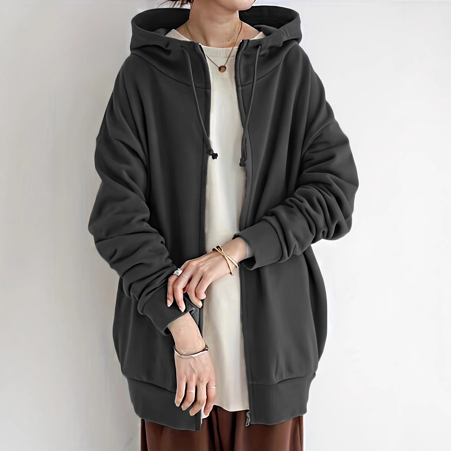 Women's Long Zip-Up Hooded Fleece Sweatshirt Plus Size Streetwear