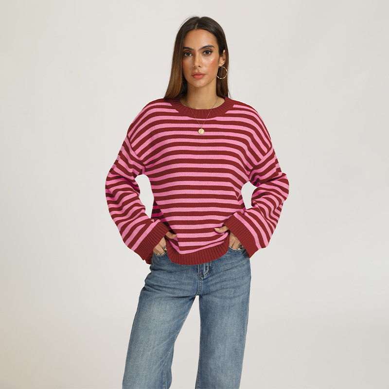 Striped Crewneck Pullover Sweater Loose Knit Top