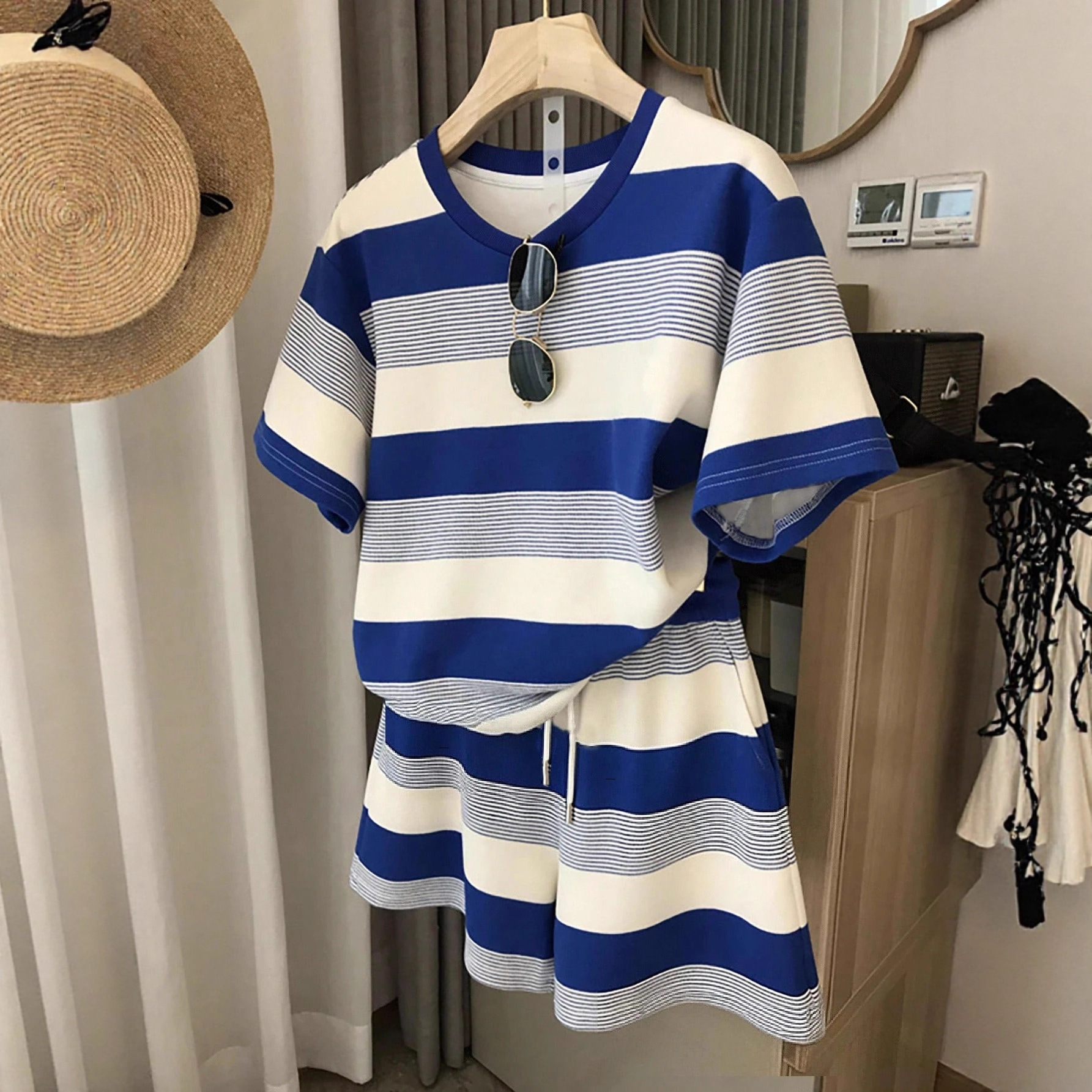 Striped Shorts and Fitted Top Set with Tie Waist