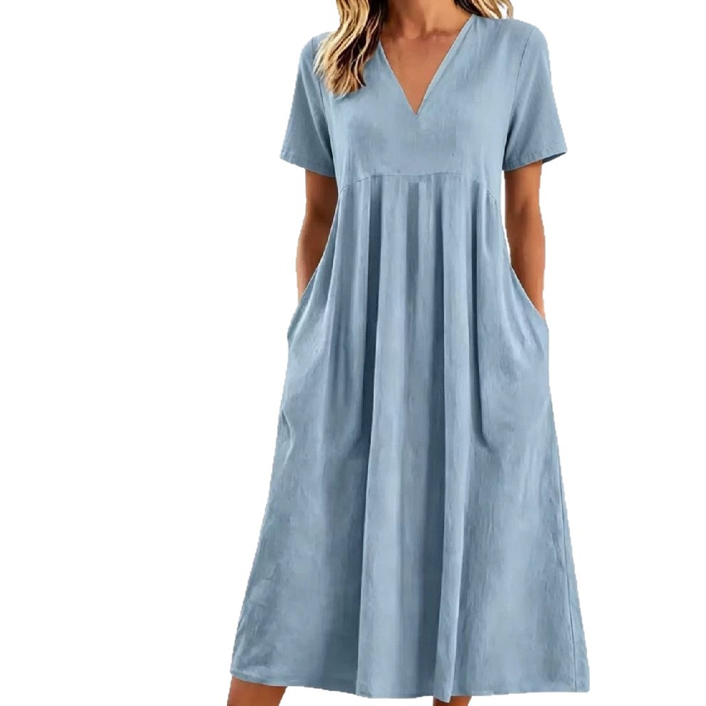 Solid V-Neck Short Sleeve Loose Casual Dress