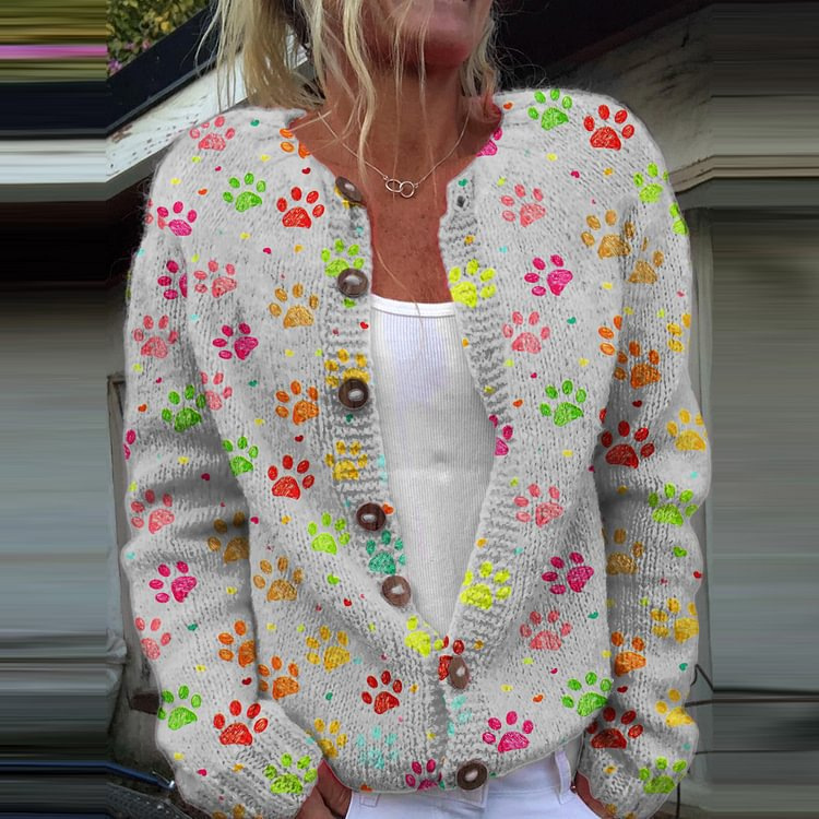 Women's Paw Print Floral Button Cardigan Sweater