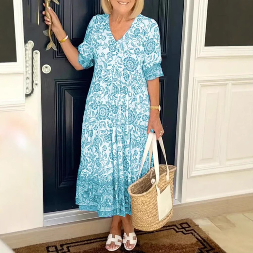 V-Neck Floral Print Long Dress