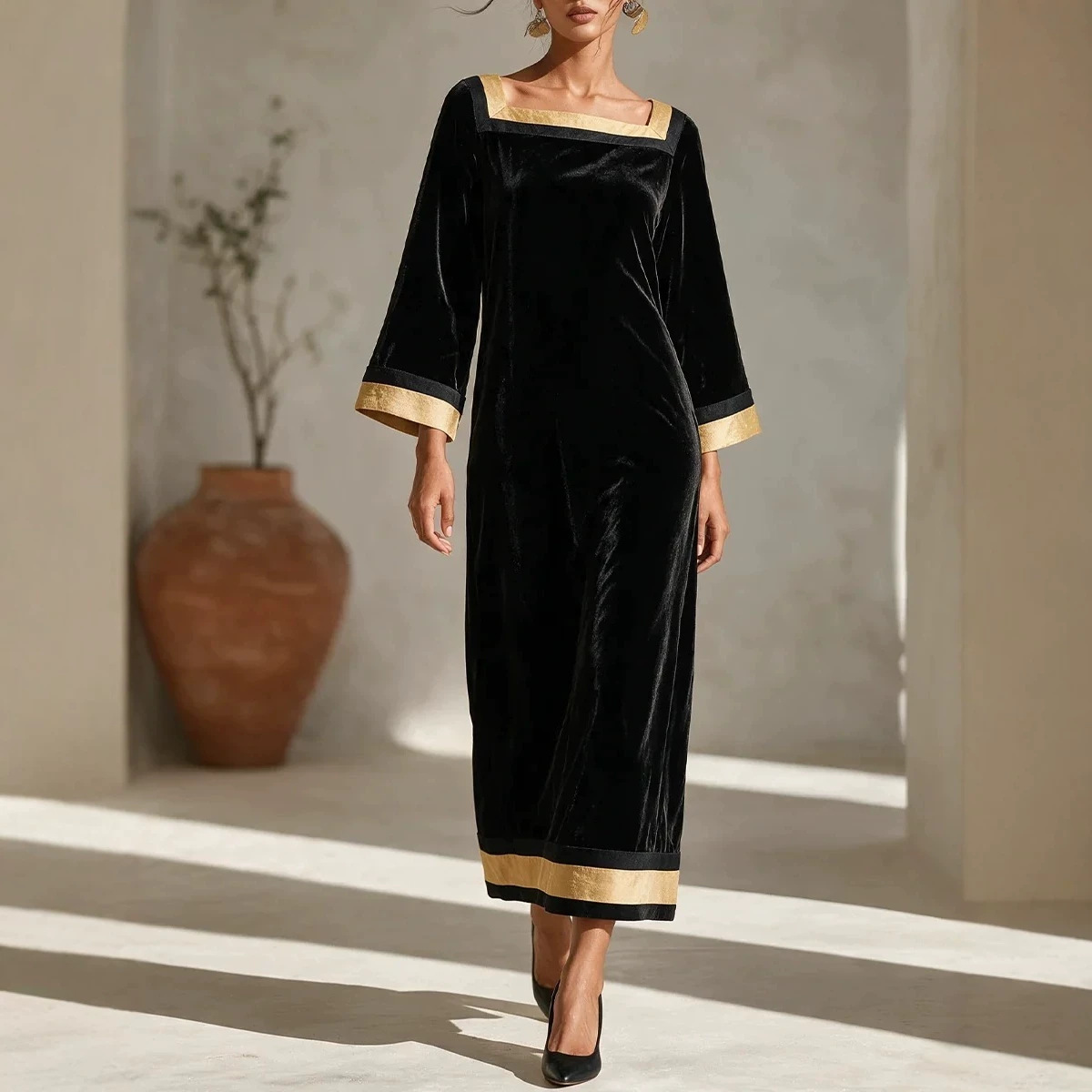 Retro Square-Neck Black Velvet Midi Dress with Gold Trim, Nine-Sleeve A-Line Party Dress