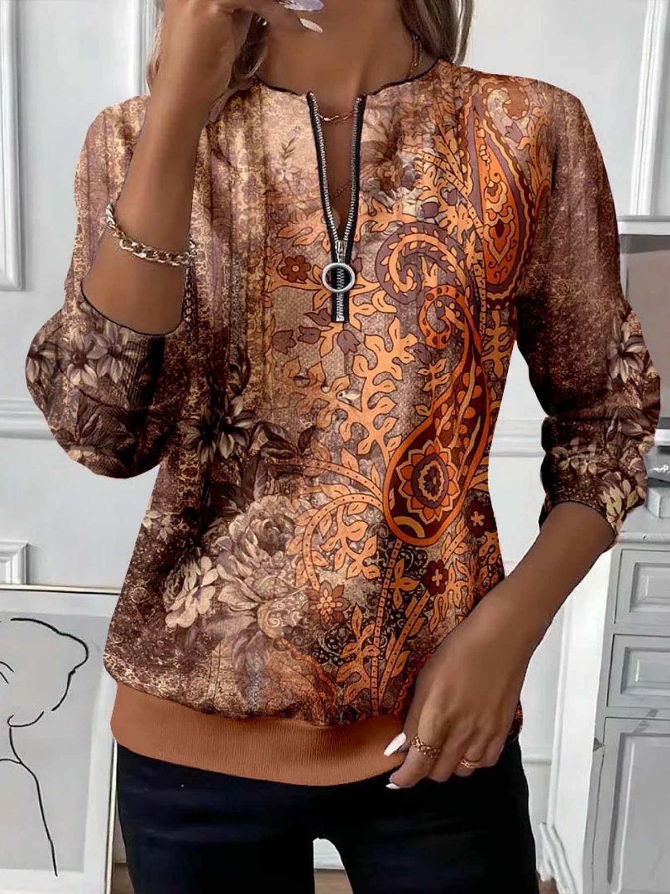 Retro Leaf Floral Print Half-Zip Hoodie for Women