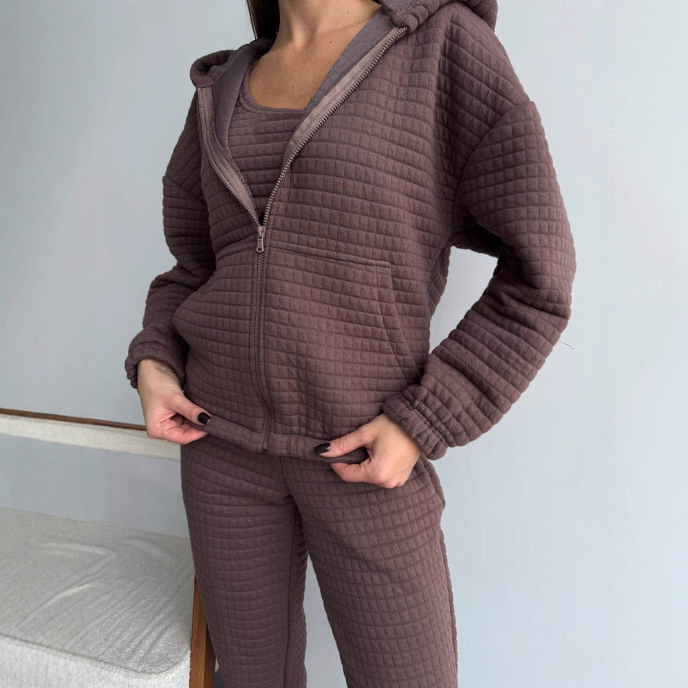 Women's Waffle Knit 3-Piece Sweatsuit Set Long Sleeve Solid Color