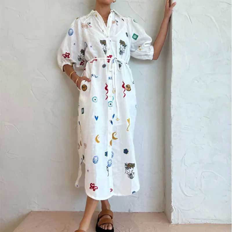 Floral Print Midi Dress with Collar and Tie Waist