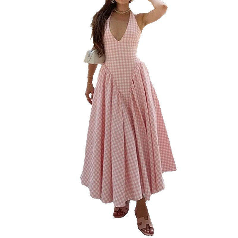 Plaid Halter Neck Pleated Long Dress