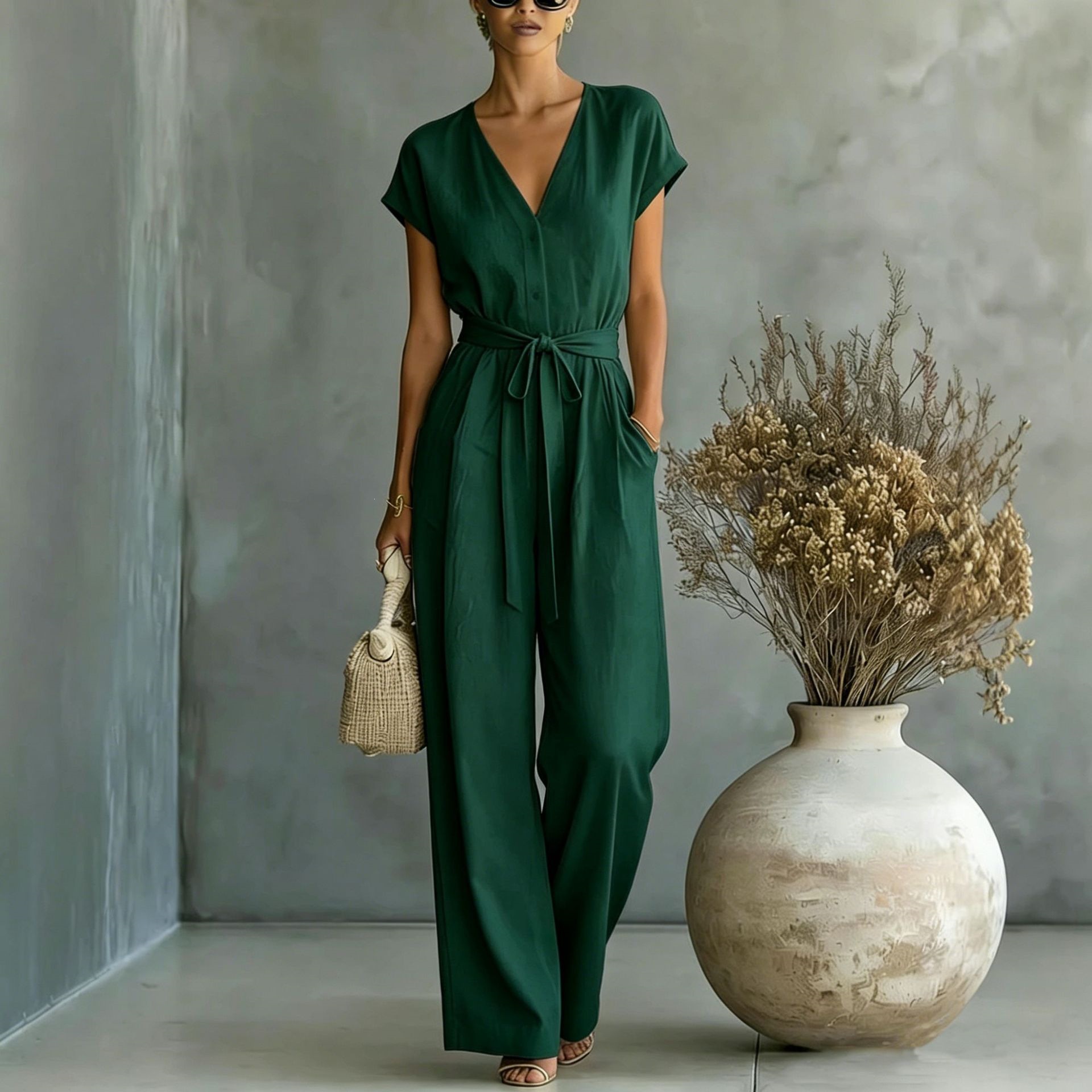 Solid Color Button-Front Belted V-Neck Jumpsuit with Pockets