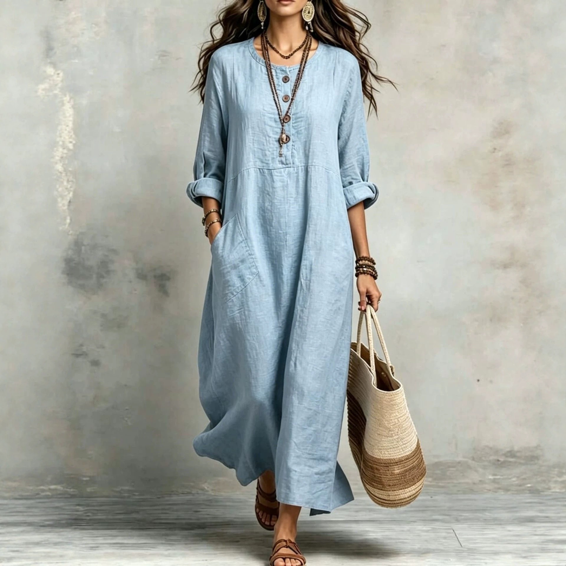 Women's Cotton-Linen Round Neck Long Sleeve Pocket Casual Dress