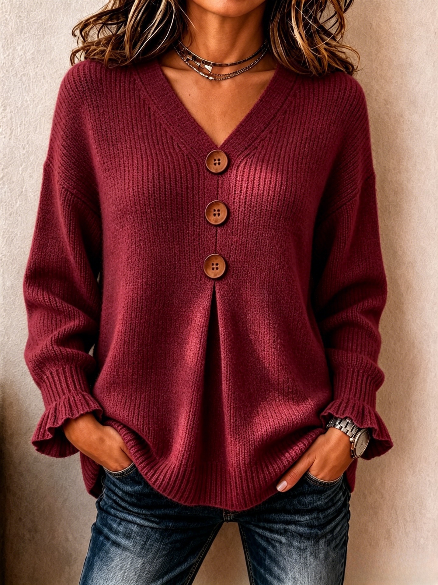 V-Neck Button Knit Sweater with Ruffle Cuffs Loose Relaxed Fit