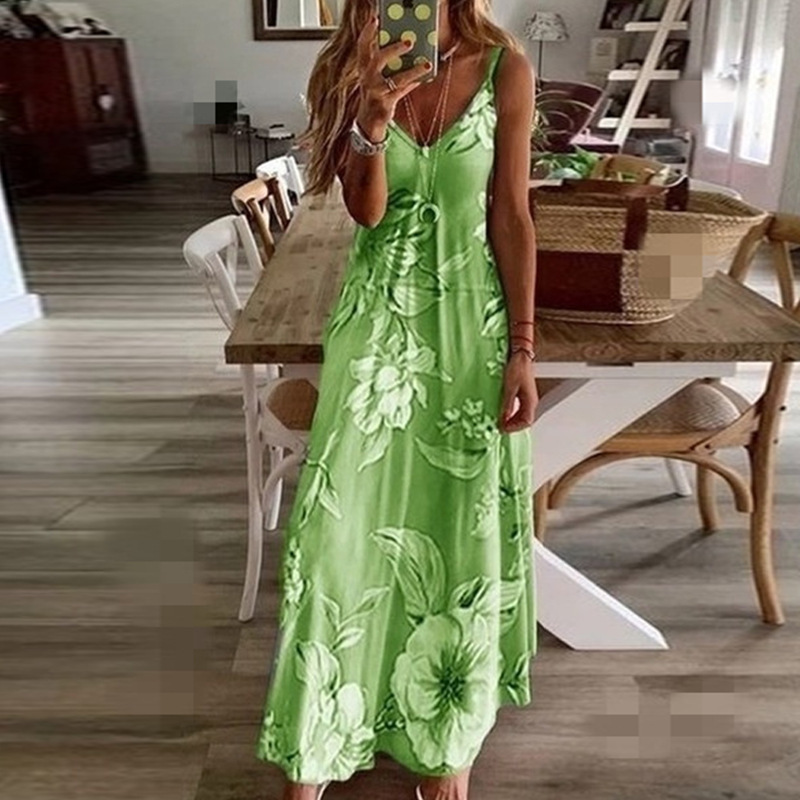 Women's Summer Sleeveless V-Neck Maxi Dress with Digital Print
