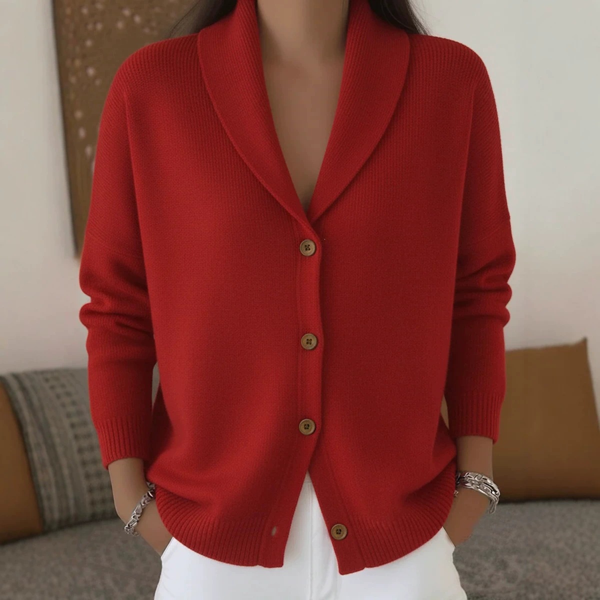 Button-Front Knit Cardigan Sweater with Collar, Solid Color, Casual