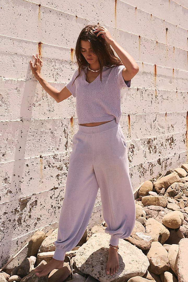 Women's V-Neck Cropped Knit Top and Lantern Pants Set