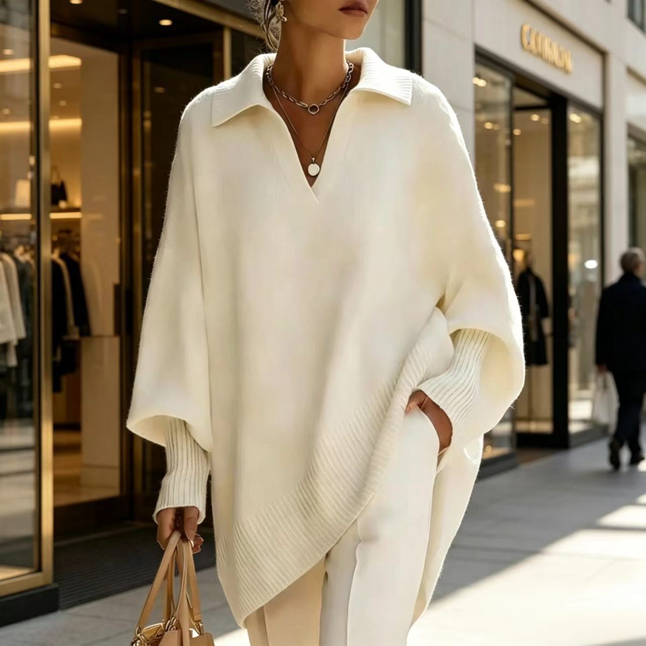 Women's Solid Color Long Sleeve V-Neck Loose Knit Sweater