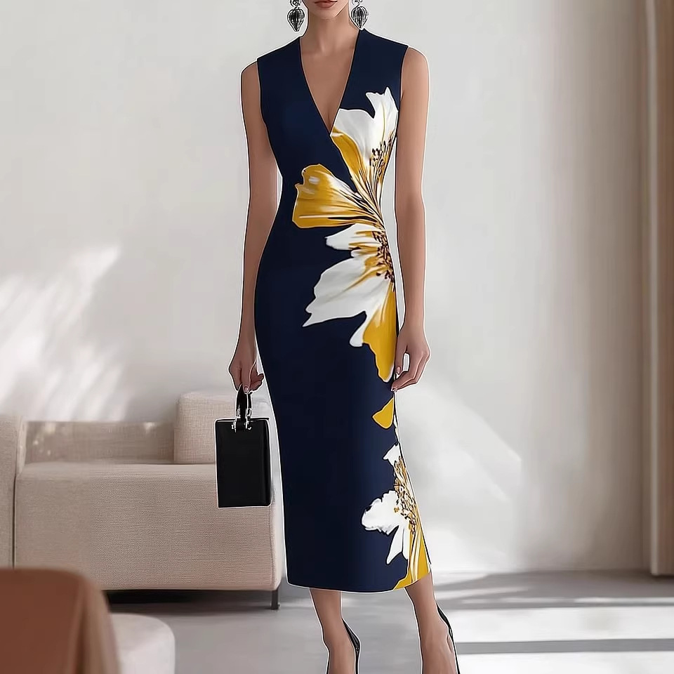 V-Neck Sleeveless A-Line Maxi Dress with Digital Print