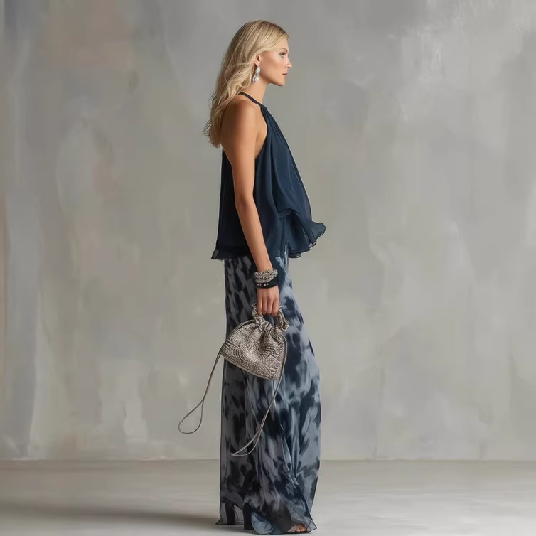 Elegant Navy Open-Back Top and Printed Wide-Leg Pants Set