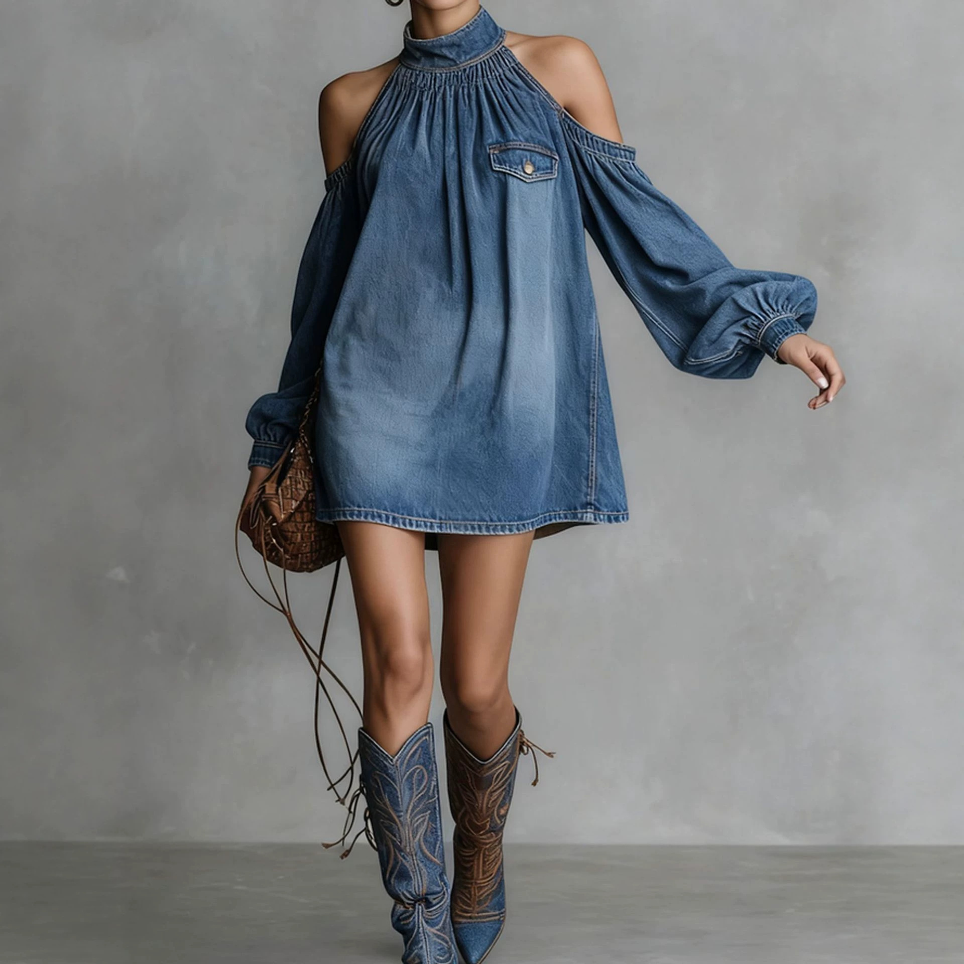 Faux Suede Halter Mini Dress with Lantern Sleeves and Cold-Shoulder