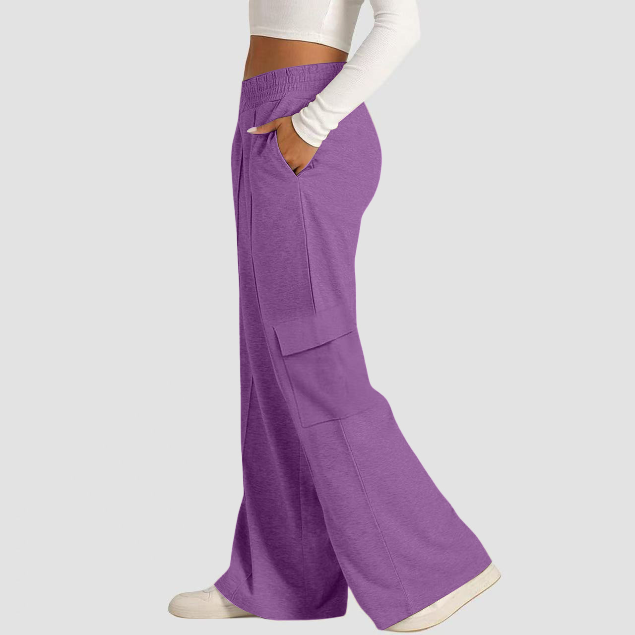 Women's Loose Wide-Leg Cargo Pants with Elastic Waist Drawstring Pockets