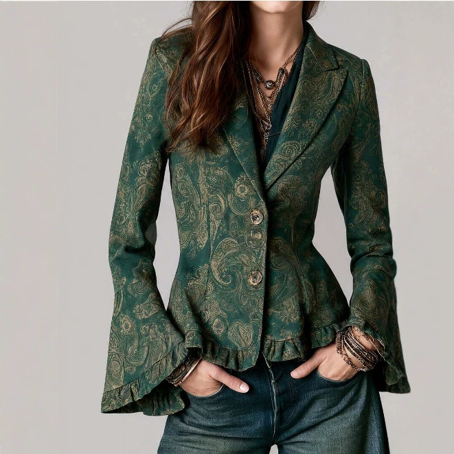 Bohemian Paisley Print Flare-Sleeve Blazer