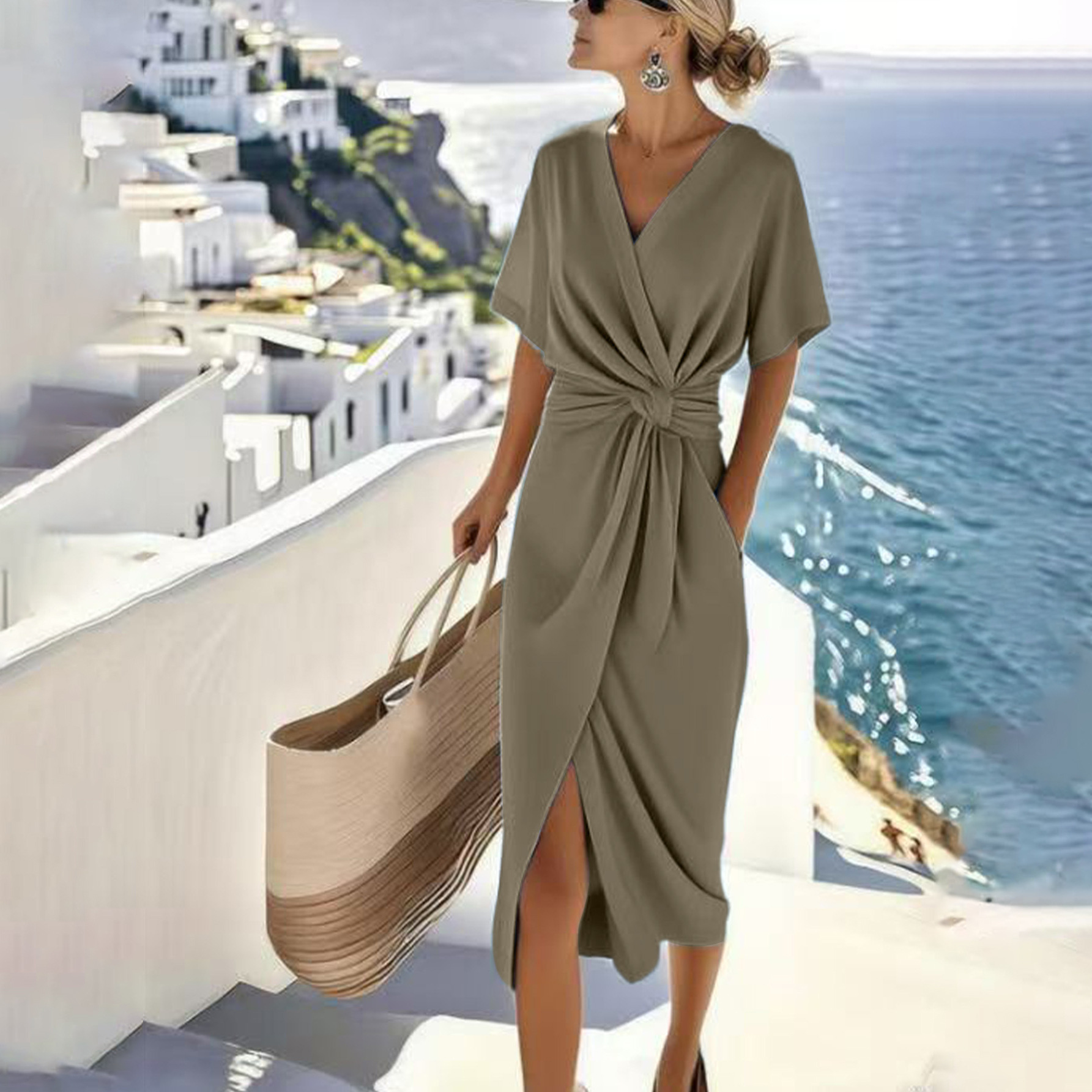 Women's V-Neck High-Waist Split Long Dress