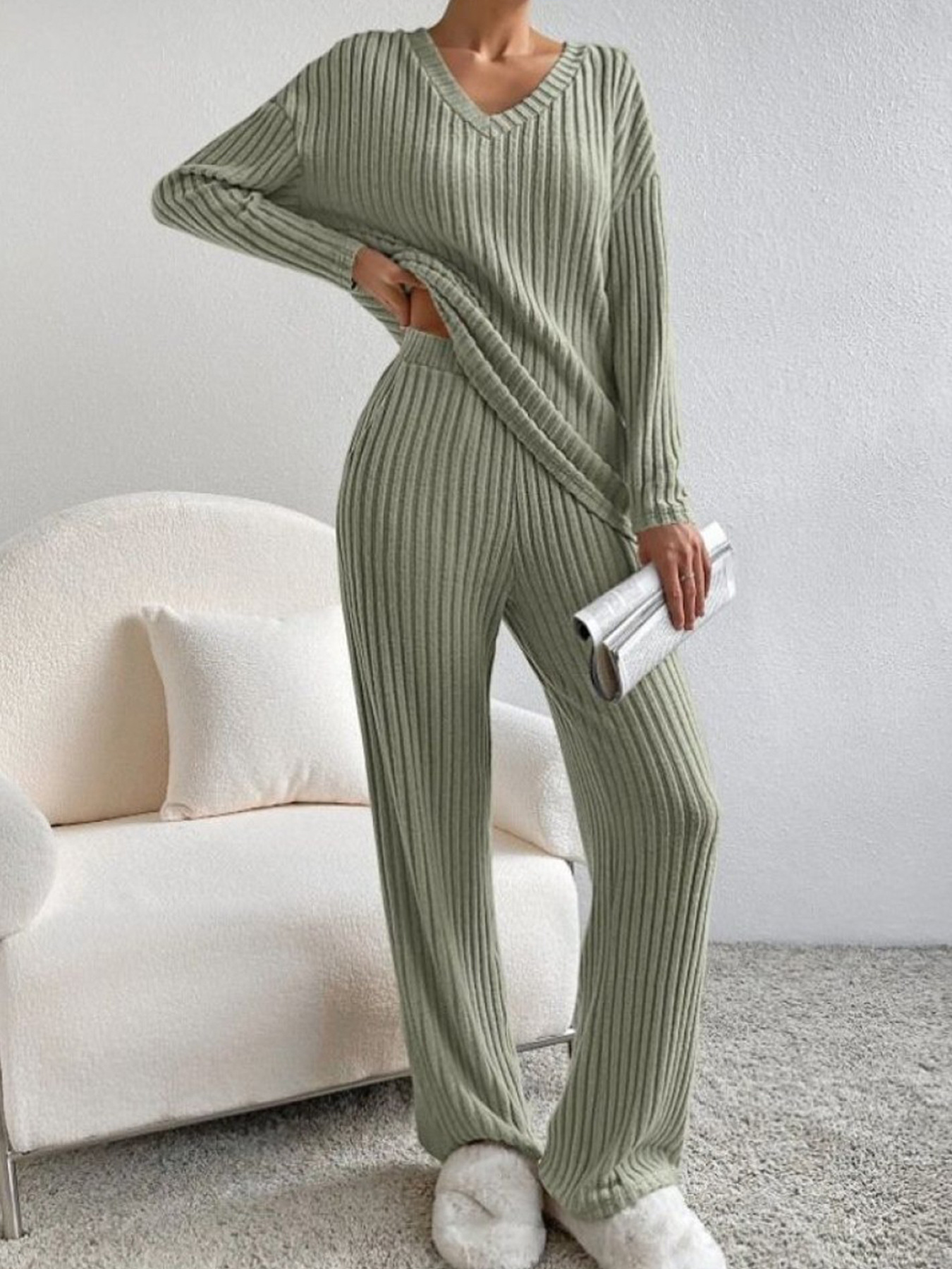 Women's Casual Straight-Leg Ribbed V-Neck Pant Set