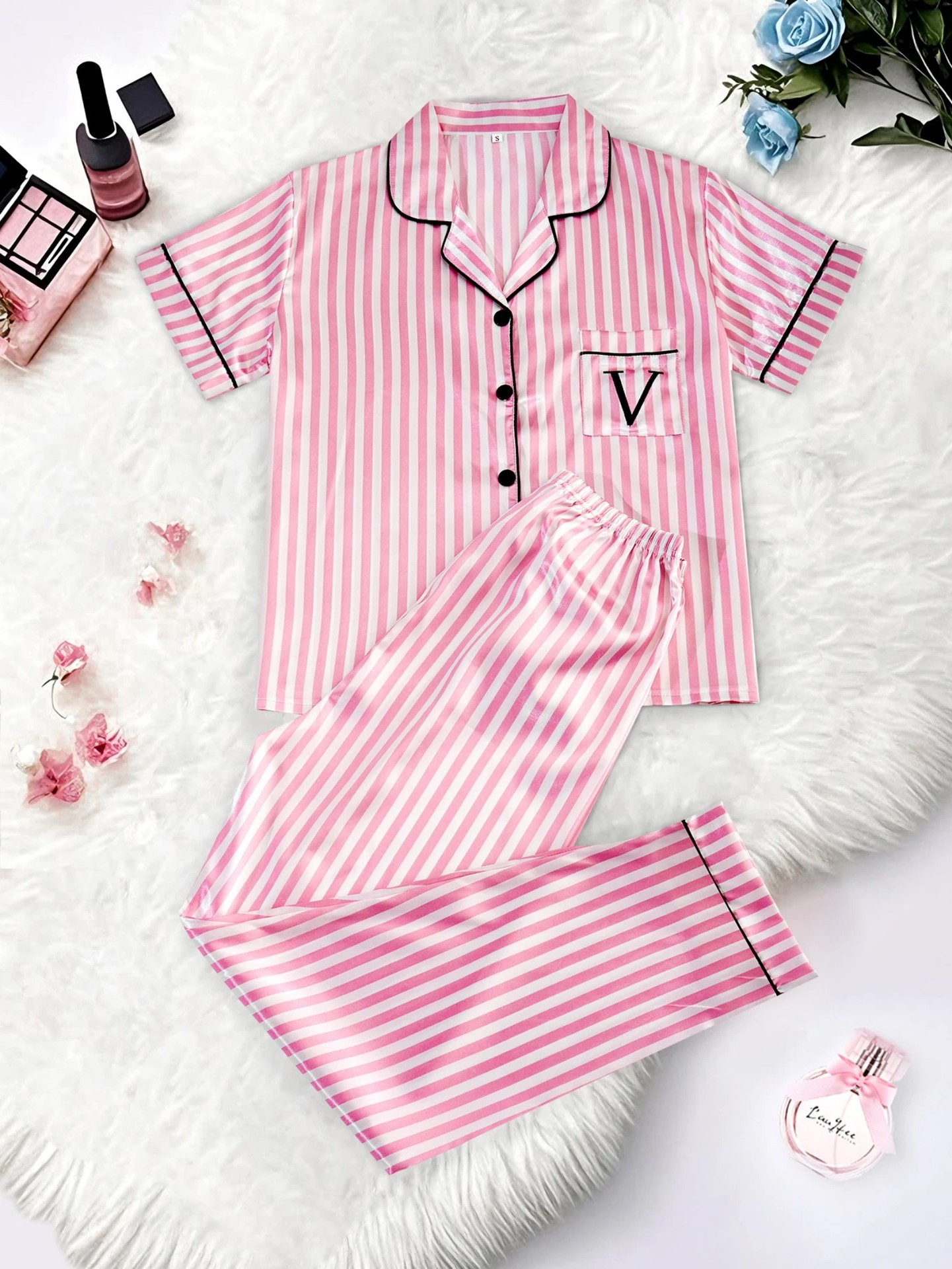 Women's Striped Cuban Collar Short Sleeve Shirt and Pants Set