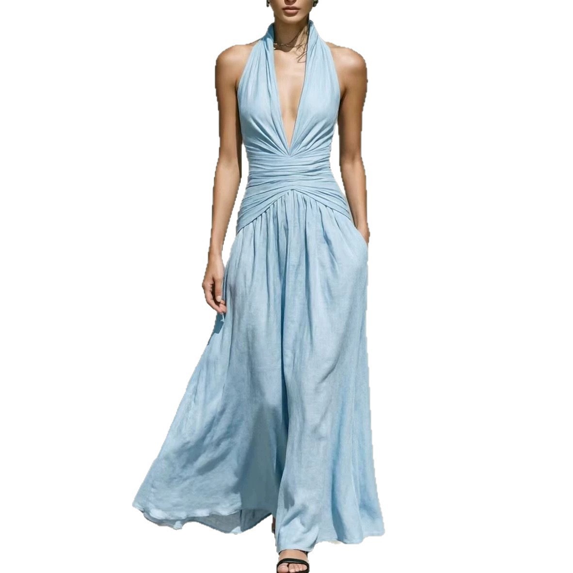Women's Halter Deep V-Neck Sleeveless High-Waist Slimming Long Dress