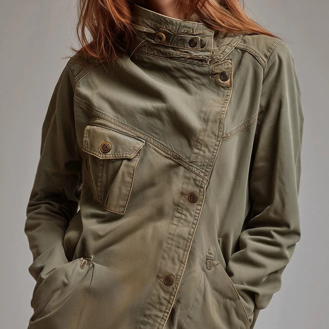 Vintage Stand Collar Asymmetrical Button Pocket Jacket