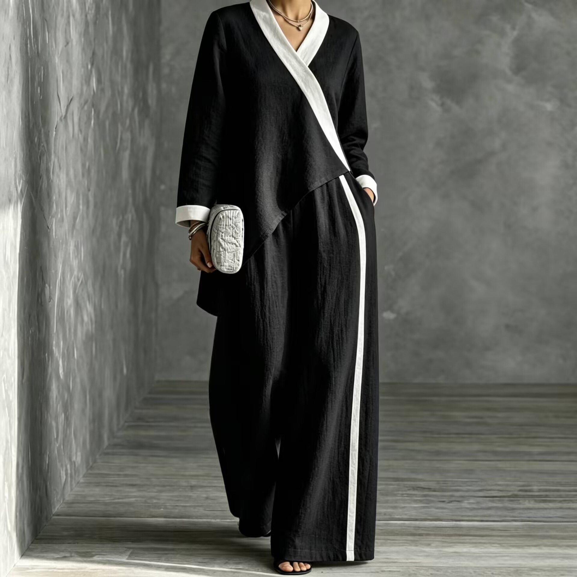 2026 Fall Cross-Border European and American Women's Fashion Color-Block V-Neck Asymmetrical Top Wide-Leg Pants Loose Casual Set