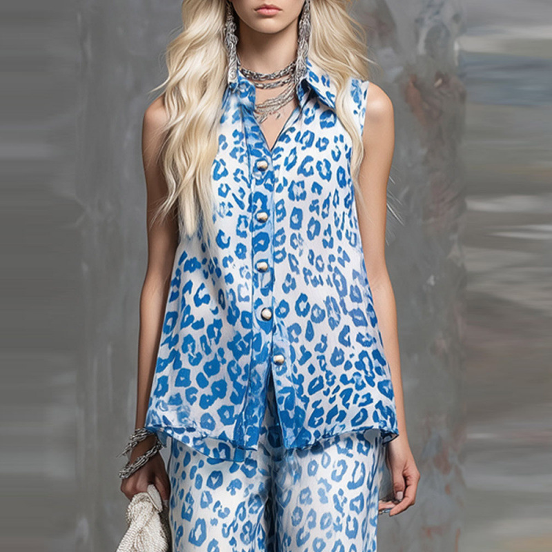 Leopard Print Sleeveless Shirt and Pants Two-Piece Set