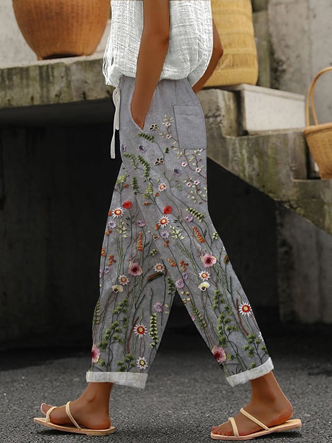 Women's Striped & Floral Print Straight-Leg Casual Pants