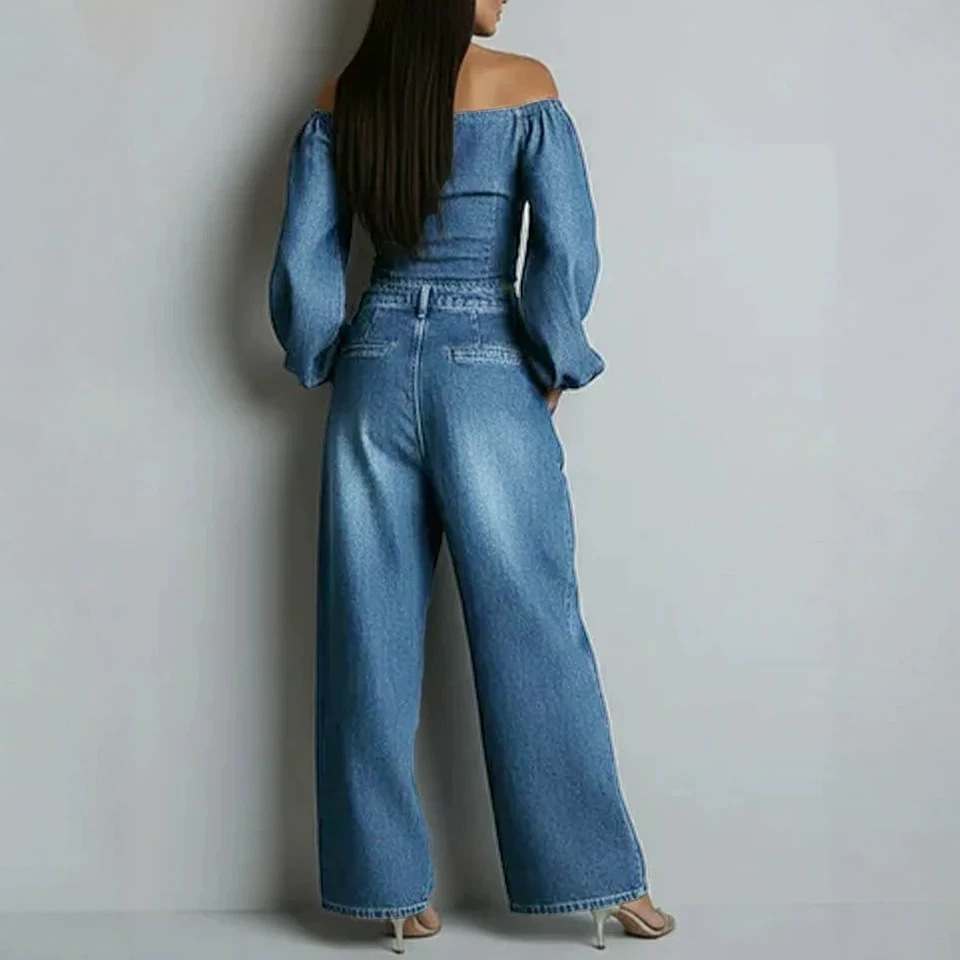 Faux Denim Two-Piece Set Long Sleeve Top & Pants Casual Loose Fit
