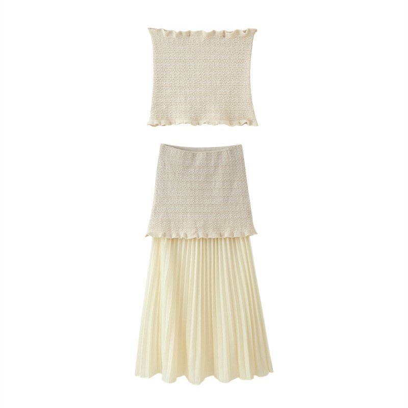 Off-Shoulder Straight-Neck Stretch Knit Skirt Set