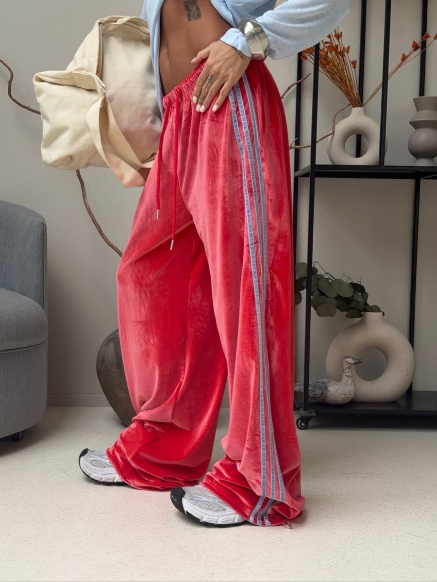 Velvet Side-Stripe Wide-Leg Drawstring Sweatpants