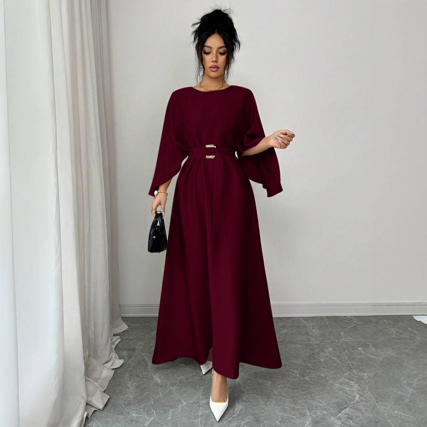 Women's Round Neck Tie-Waist Long Dress with Batwing Sleeves Solid Color