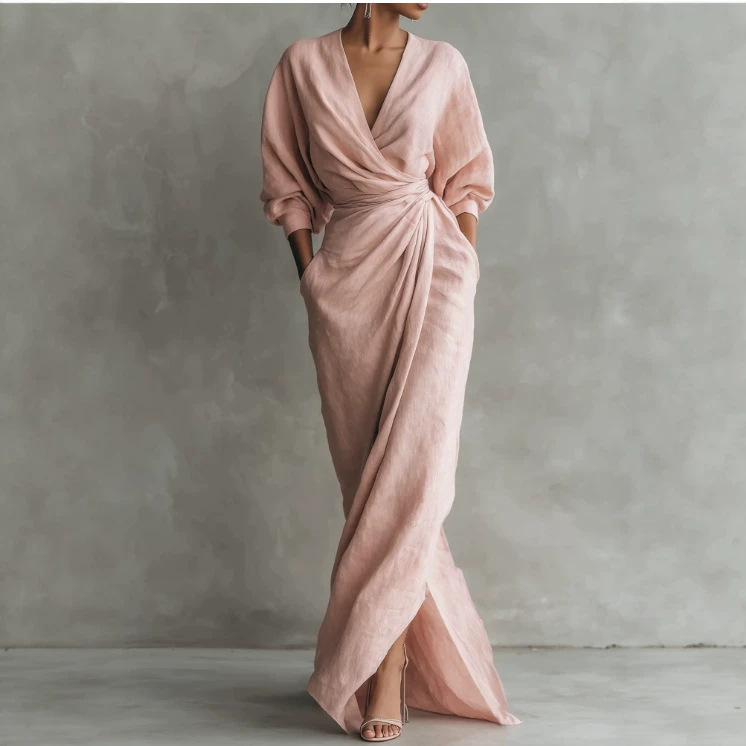 Women's Long Sleeve V-Neck Maxi Dress Solid Color Pleated A-Line Casual