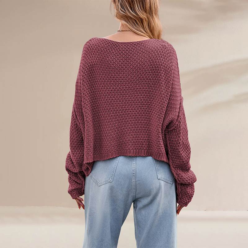 Crewneck Cable Knit Loose Solid Color Sweater for Women