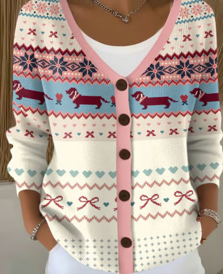 Women's Pet Print Ribbon Ghost Button Cardigan Sweater