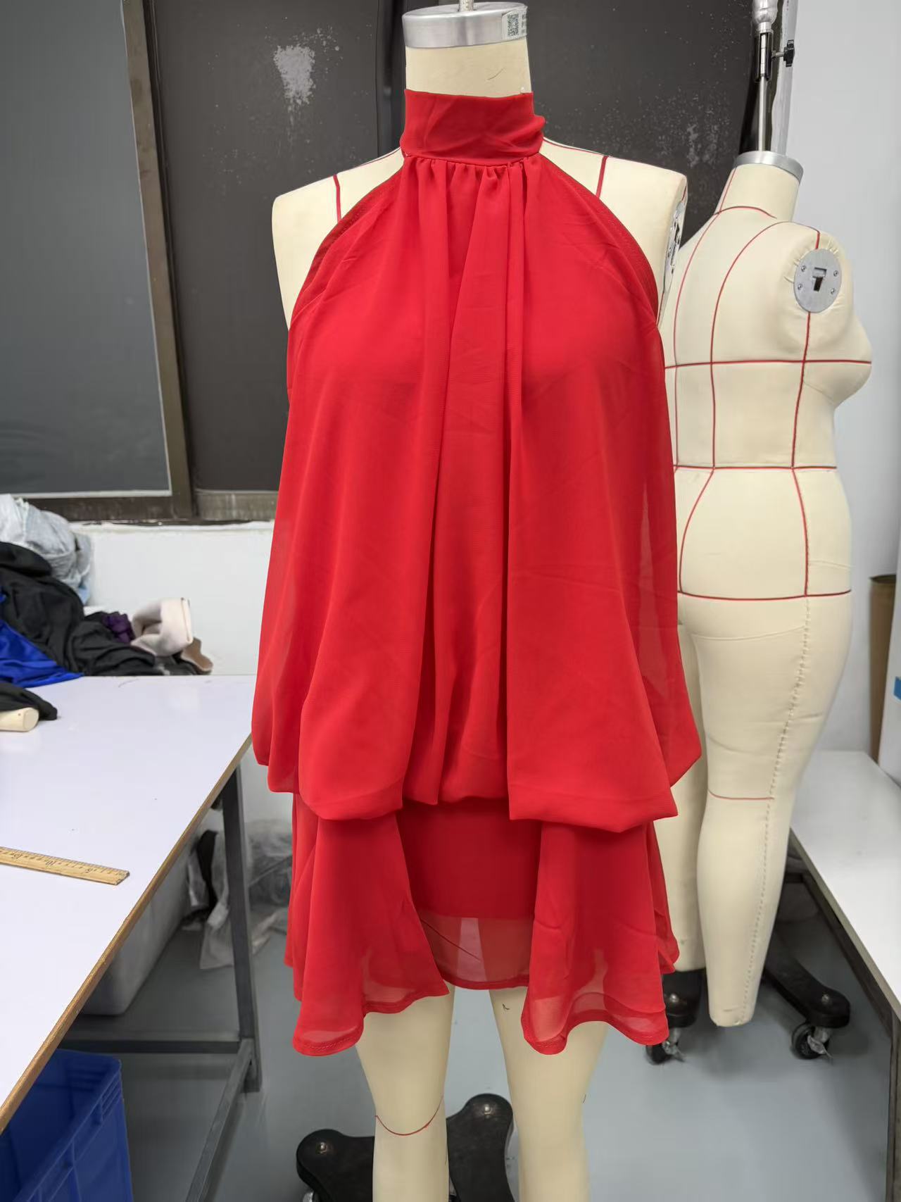 Solid Halter Neck Open Back Fitted Top Puff Skirt Mini Dress