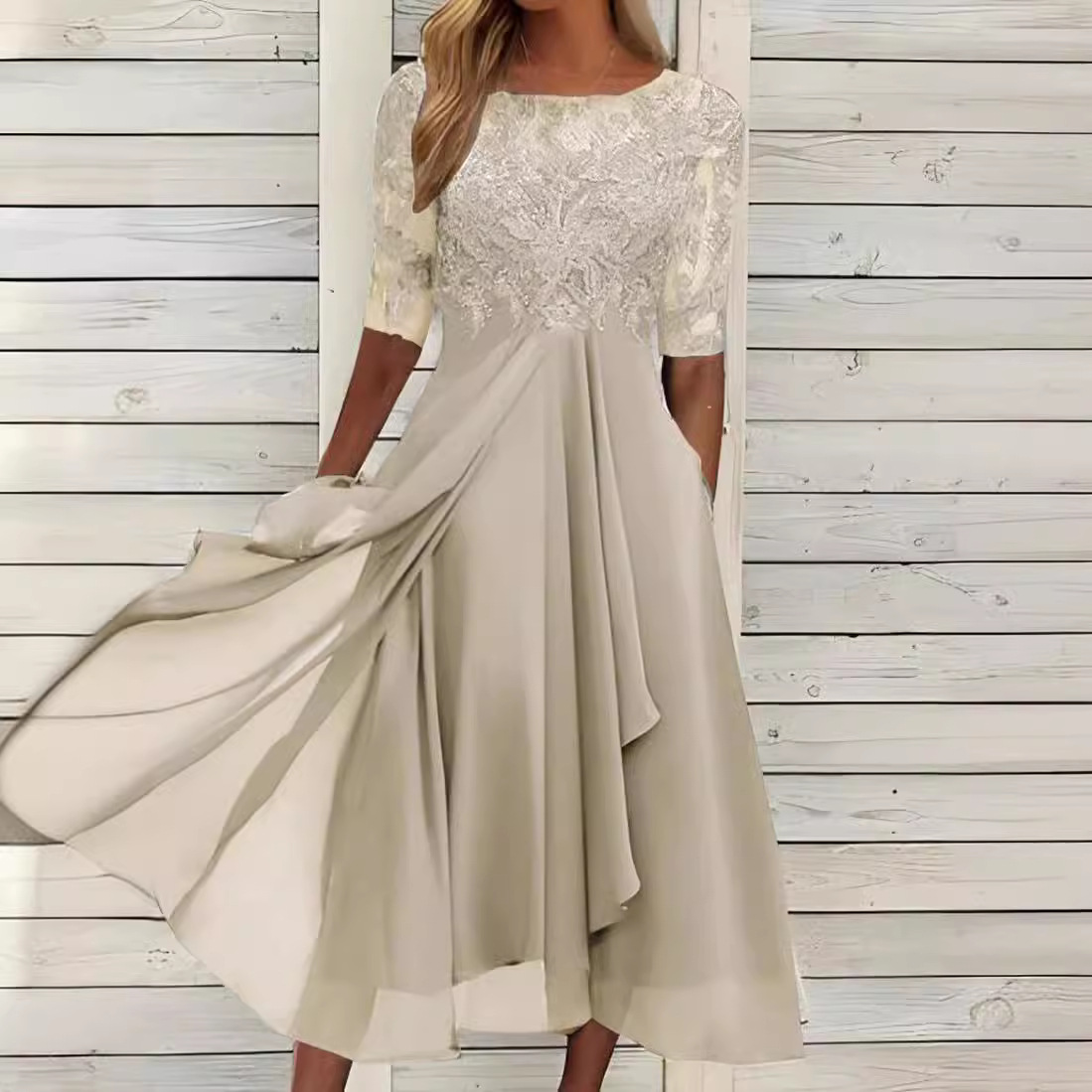 Chiffon Lace Hollow-Out Long Dress Round Neck Short Sleeve High Waist Bridesmaid Evening Gown