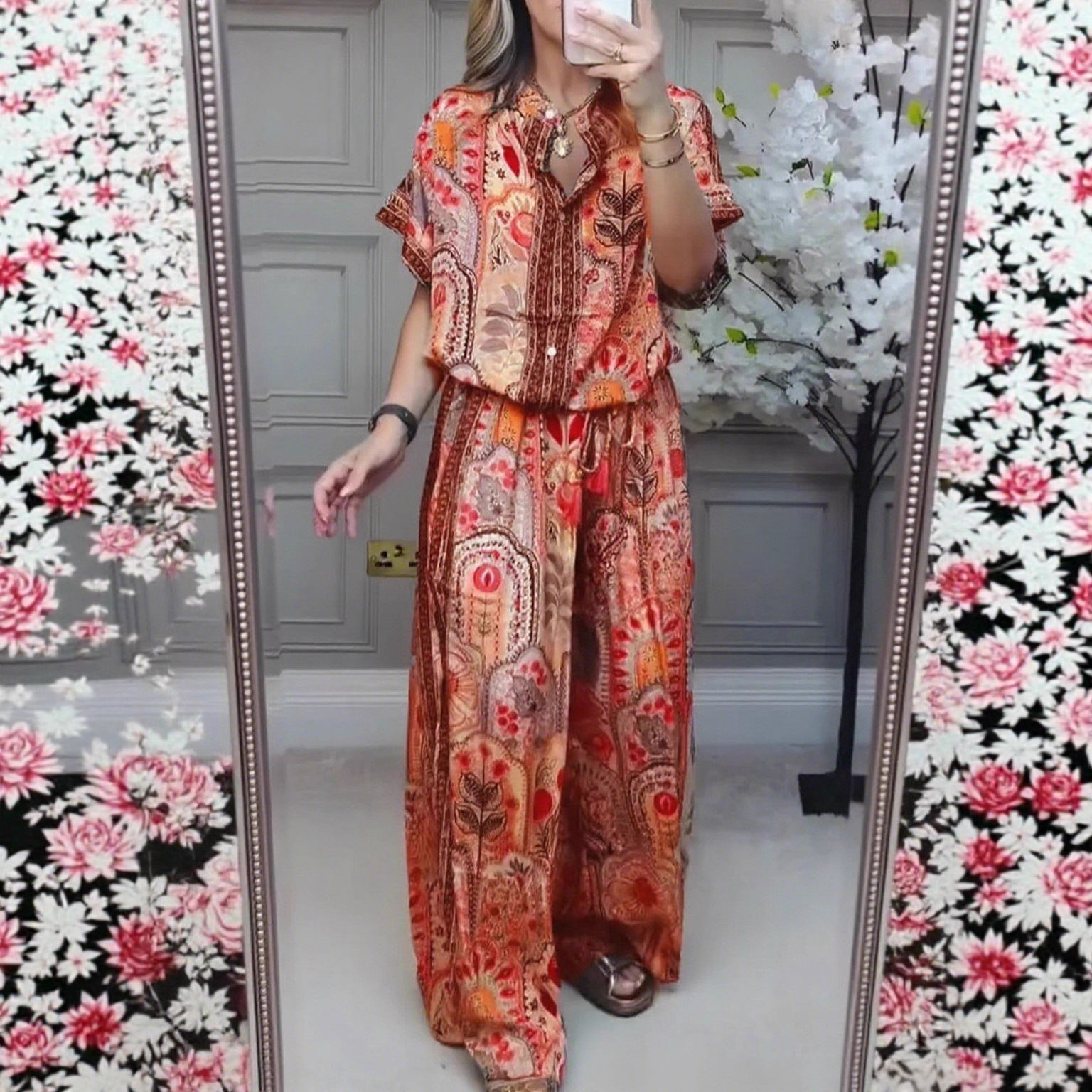 Women's Casual Print Button-Front Cardigan Top & Wide-Leg Pants Two-Piece Set