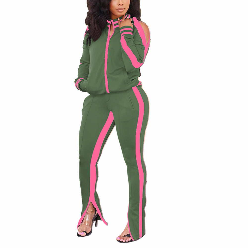Women's Zip Cold-Shoulder Hoodie & Split-Hem Pants Two-Piece Set