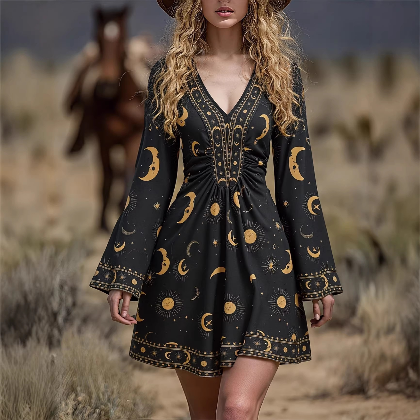 Women's Vintage V-Neck Printed Long Sleeve A-Line Dress Boho