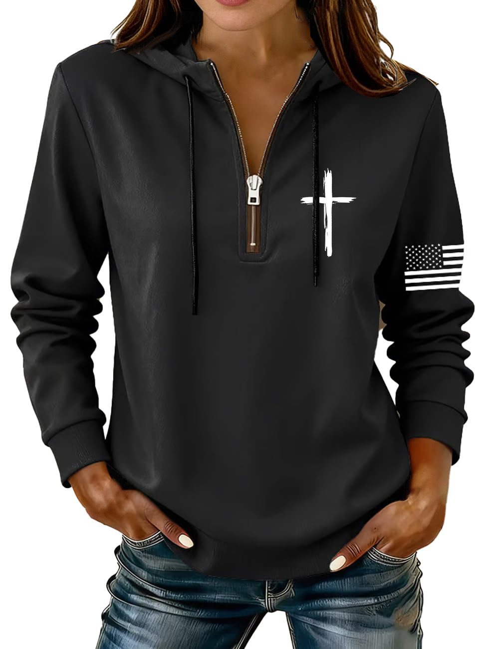Cross & American Flag Print Half-Zip Hoodie