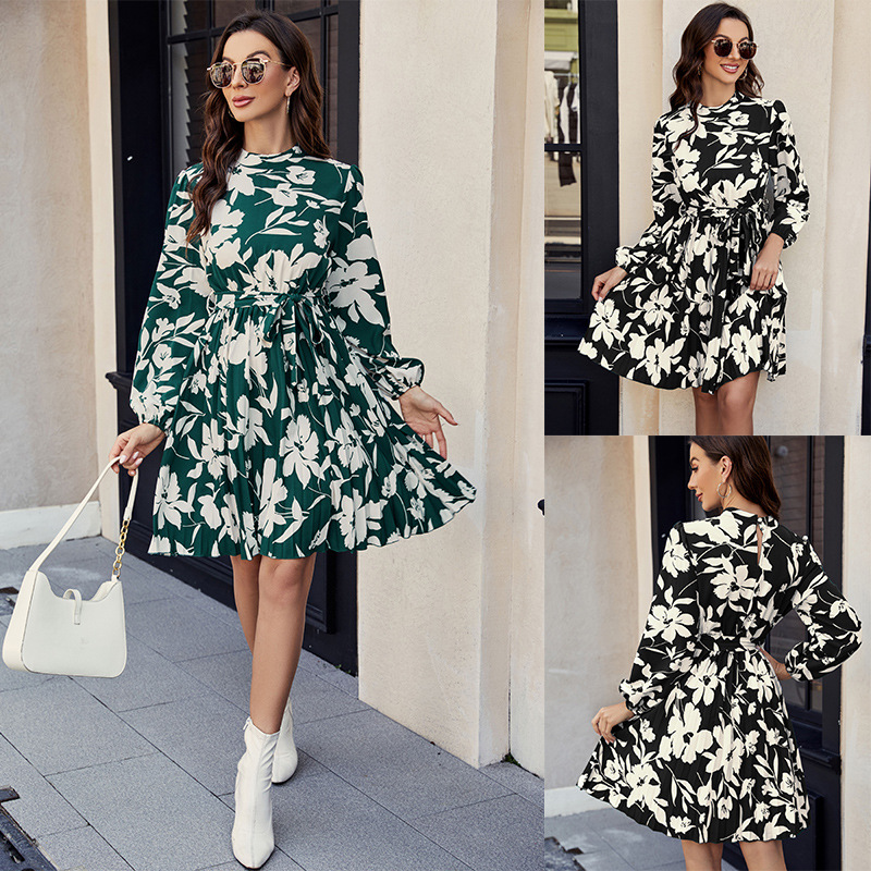 Women's Floral Print Long Sleeve Pleated Dress